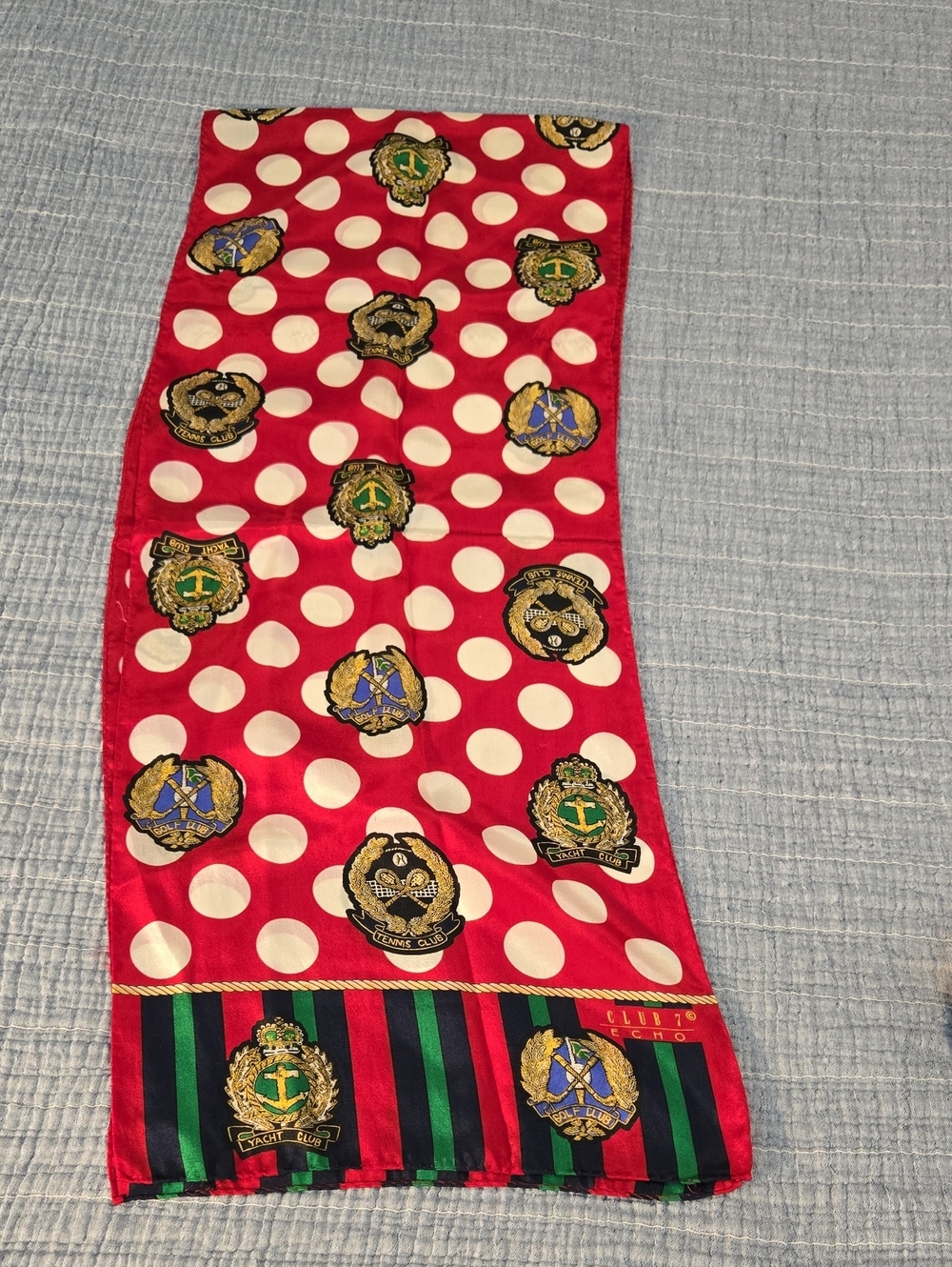 VintageEcho Red and White Polka Dot Crest Silk Scarf with Navy and Green Stripes